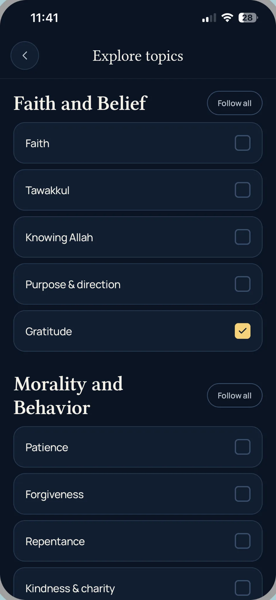 Explore topics screen with Faith, Tawakkul, Knowing Allah and Gratitude
