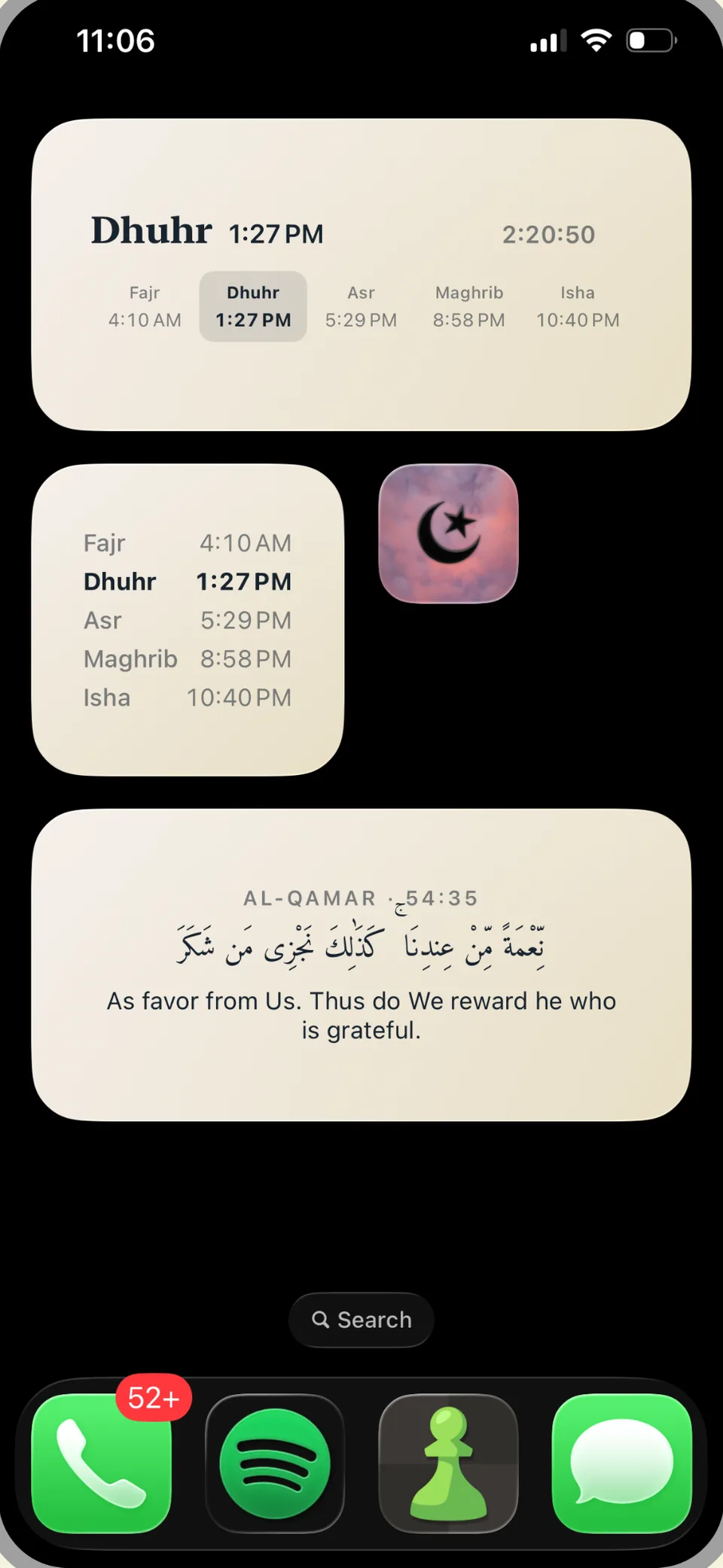 iPhone home screen with a Dhuhr countdown widget, a prayer times list and an ayah from Al-Qamar